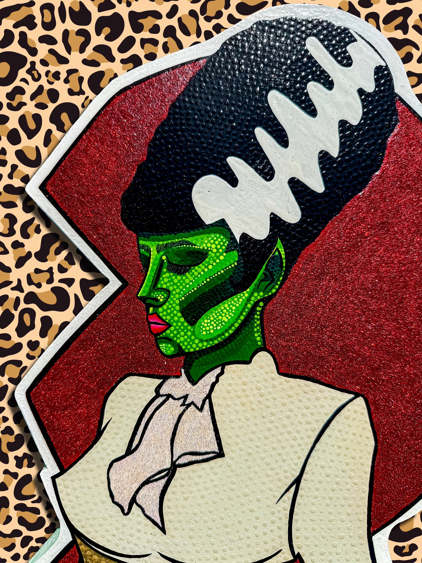 Close up detail of Bridie on leopard print background from Frankie and Bridie in the Monsters Collection by Stoofy