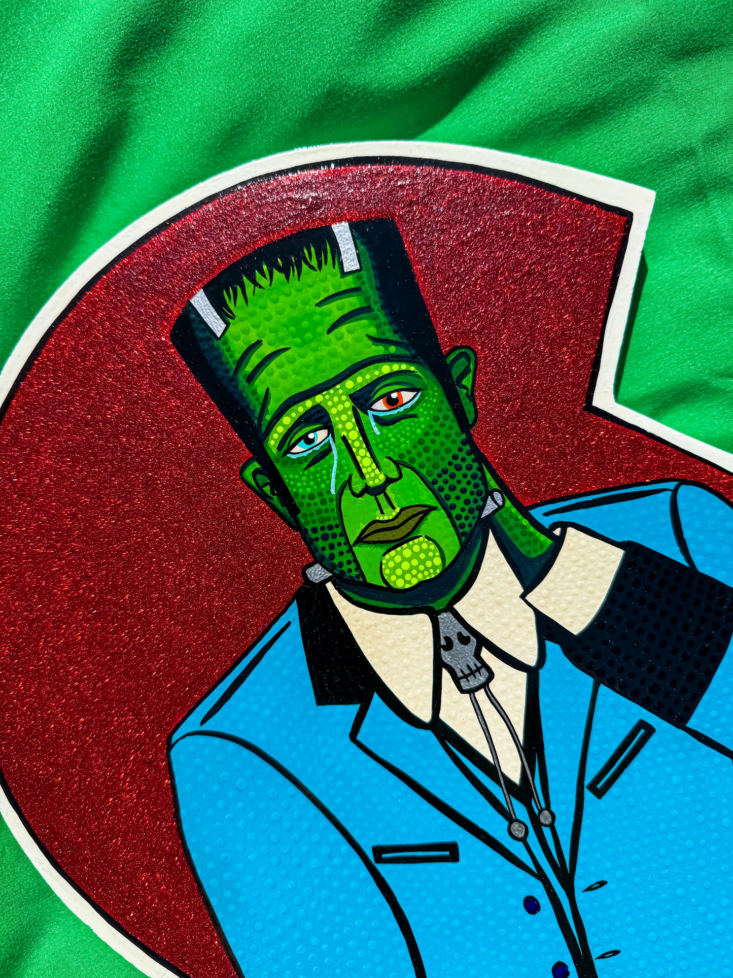 Close up details of hand-painted artwork - Frankenstein, Dr Frankenstein, vintage horror icons, universal monsters