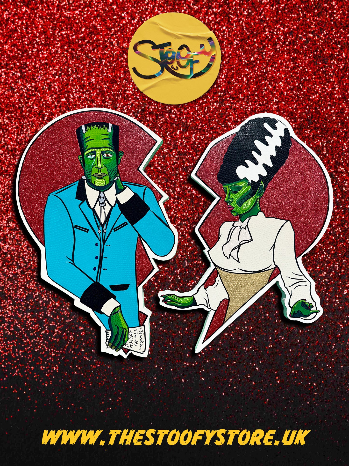 Hand-painted artwork set “Frankie & Bridie” by Stoofy — bold, playful Frankenstein-inspired designs with layered acrylic, glitter, and foil accents on wood.