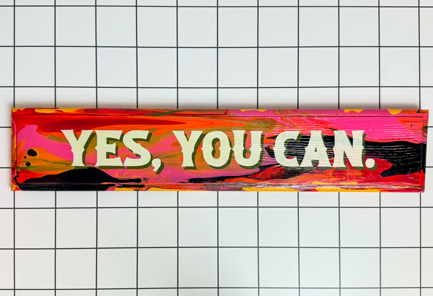 hand-painted 'yes you can' sign in bold colours on a wooden plaque, with a gloss varnish finish by Stoofy.