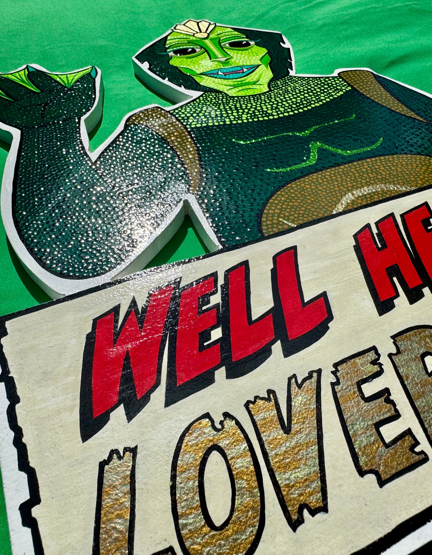 Close up of foiling and sign writing from Monsters Collection by Stoofy. Gill Man Creature from the Black Lagoon, universal monsters, vintage horror icons