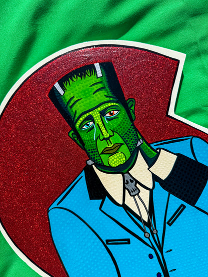 Close up details of hand-painted artwork - Frankenstein, Dr Frankenstein, vintage horror icons, universal monsters