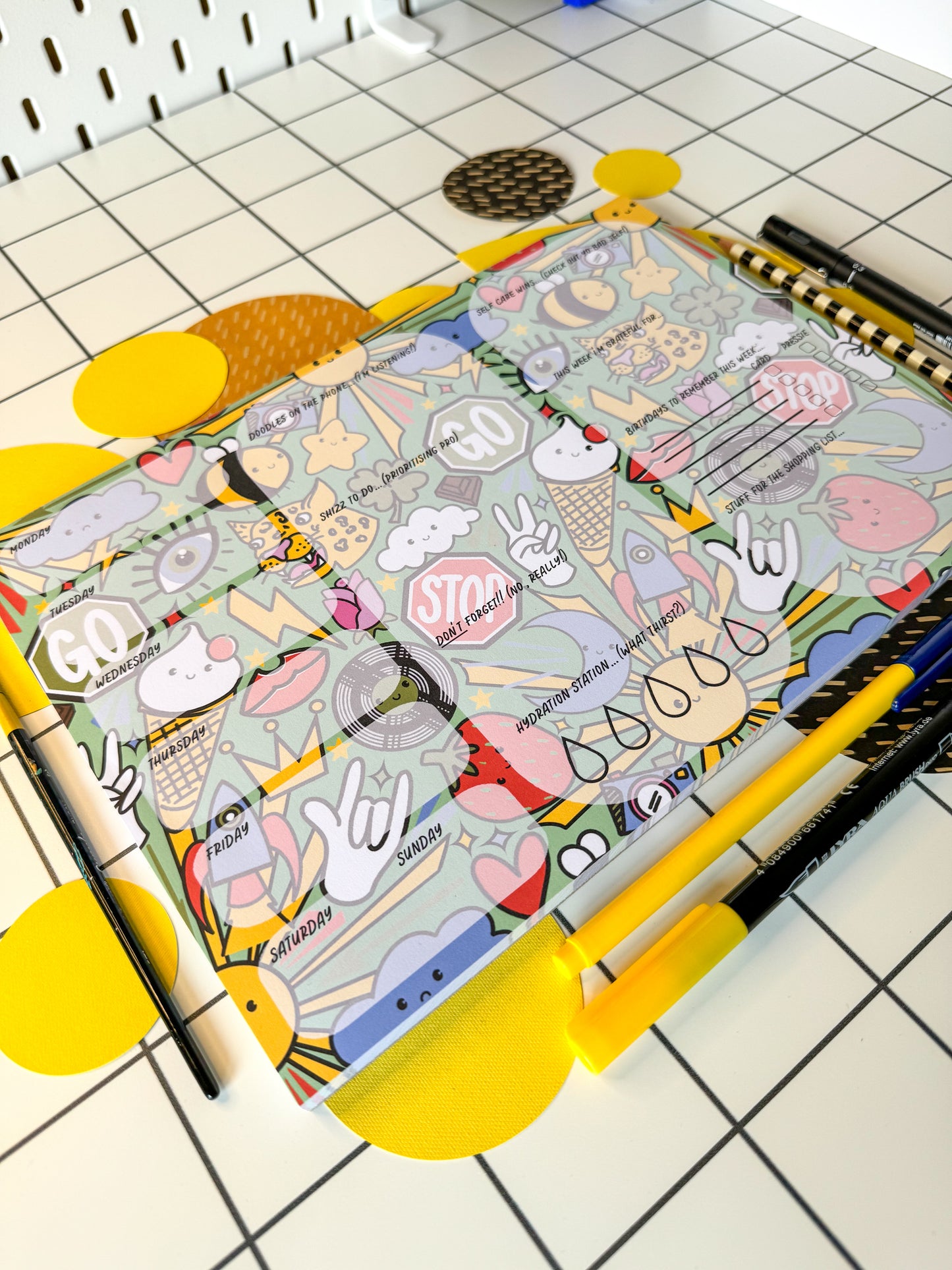 Illustrated pattern including: suns, leopards, records, hearts, ice cream, crown, peace hand sign, lips, rocket, moon, strawberry, rose, cloud, four leaf clover, stop sign, go sign, eye, bumble bee, lightning, camera, chocolate. By the Stoofy store