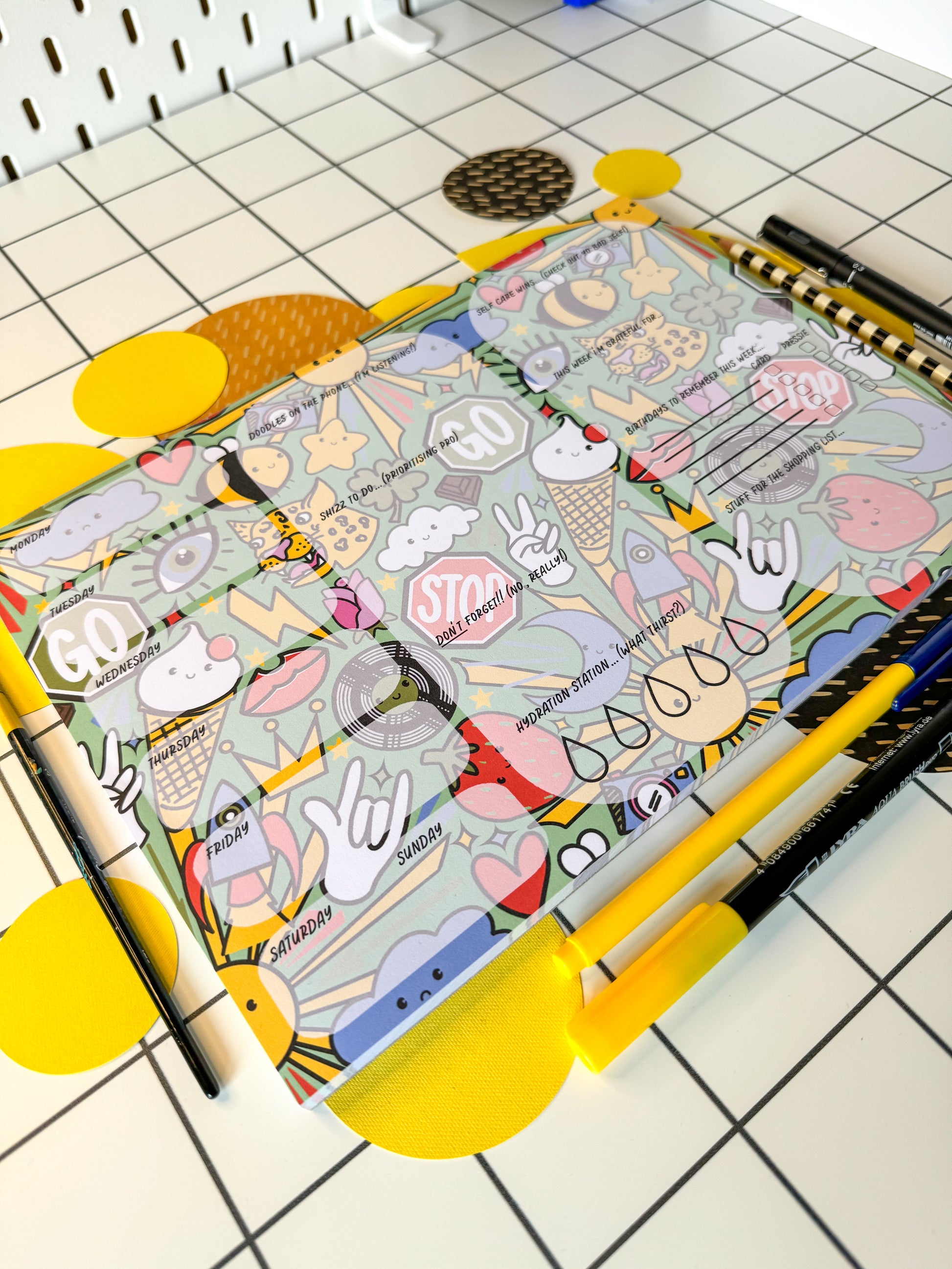 Illustrated pattern including: suns, leopards, records, hearts, ice cream, crown, peace hand sign, lips, rocket, moon, strawberry, rose, cloud, four leaf clover, stop sign, go sign, eye, bumble bee, lightning, camera, chocolate. By the Stoofy store