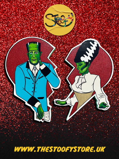 Hand-painted artwork set “Frankie & Bridie” by Stoofy — bold, playful Frankenstein-inspired designs with layered acrylic, glitter, and foil accents on wood.