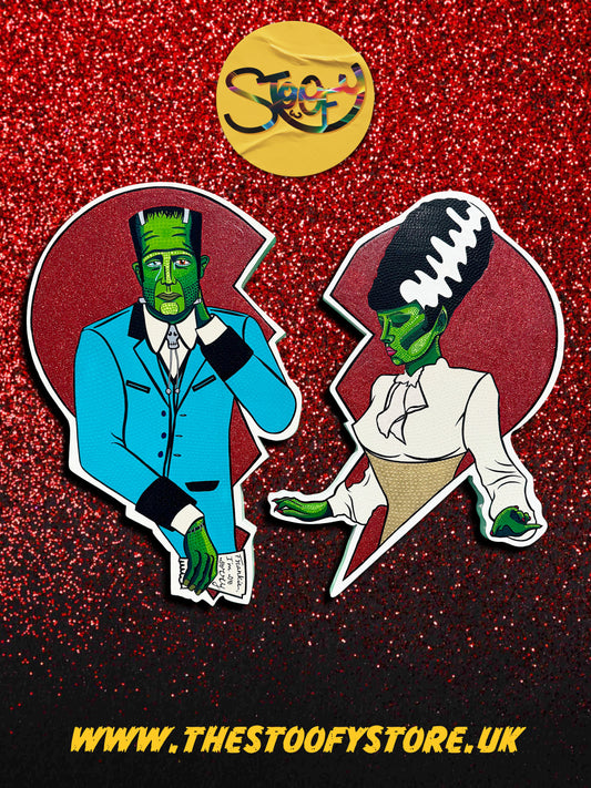 Hand-painted artwork set “Frankie & Bridie” by Stoofy — bold, playful Frankenstein-inspired designs with layered acrylic, glitter, and foil accents on wood.