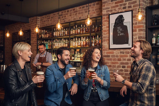 This is a mock up of Stoofy's illustration of a person wearing a biker jacket with text 'First, we ride... then, whisky...' on a polka dot background, situated as a styling suggestion in a whisky bar environment with friends sharing a laugh. The design of the art print is copyright of Stoofy. The mock up has been generated by AI to promote it's suitability for a home or hospitality business environment. Perfect for bars, whisky bars, biker bars, bikers, motorbike enthusiasts and whisky lovers.