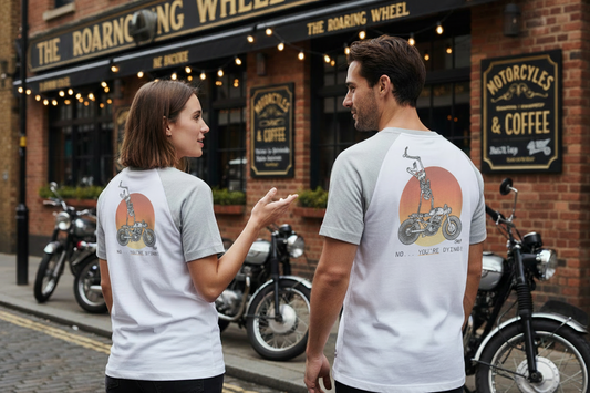 Stoofy's design on a white raglan tshirt with light grey sleeves and neck cuff. This design is printed on a quality cotton tshirt - unisex. Design is copyright of Stoofy and only a couple of sizes left - Perfect for bikers and motorcycle enthusiasts. This image has been generated to showcase styling and occasion.