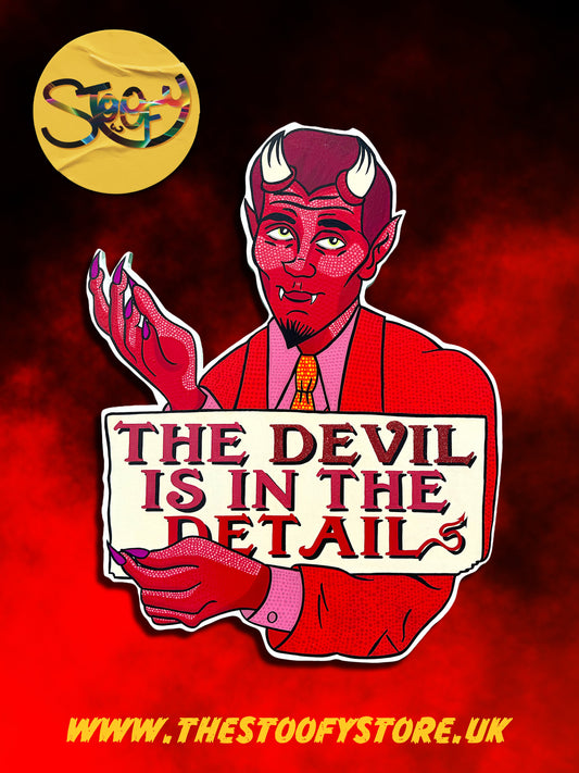 Hand-painted artwork titled “The Devil is in the Detail” by Stoofy — vibrant 1950s horror-inspired design featuring bold colour, foil accents, and glitter details on a wooden panel.