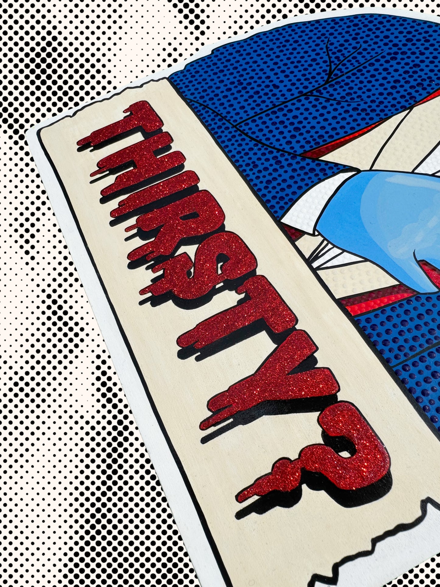 Close up of hand-painted contemporary artwork by Stoofy. Monsters. Pop art. Magic