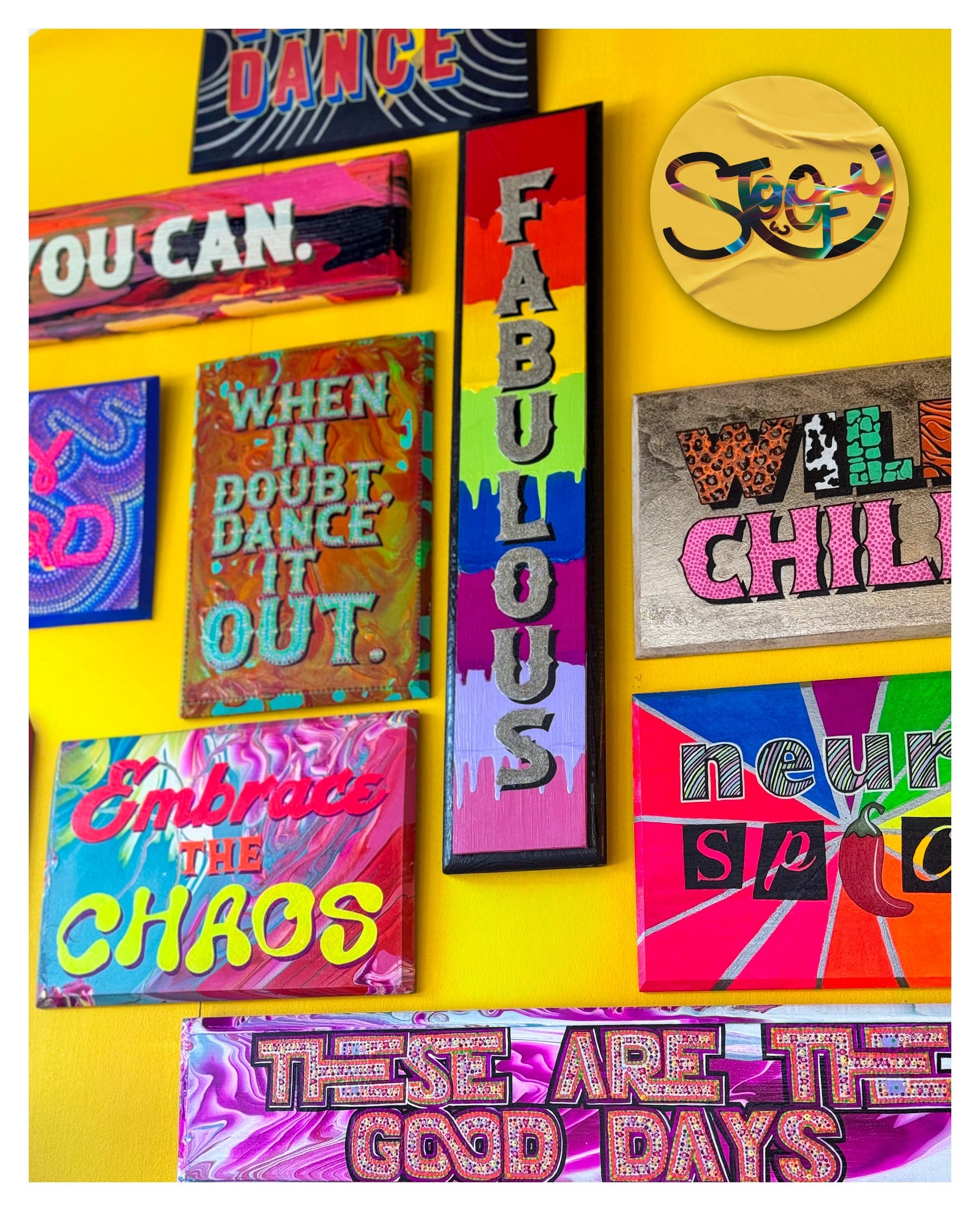 Walls with Personality - Hand-painted typography collections by UK Artist Stoofy. Colourful motivational wall art on a yellow background