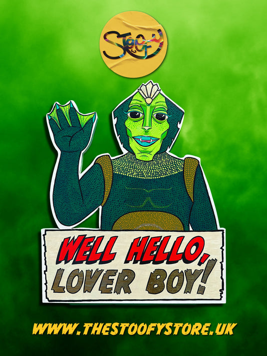Hand-painted artwork “Gill from the Black Lagoon” by Stoofy — vibrant 1950s monster-inspired design with glitter and foil accents on wooden panel.