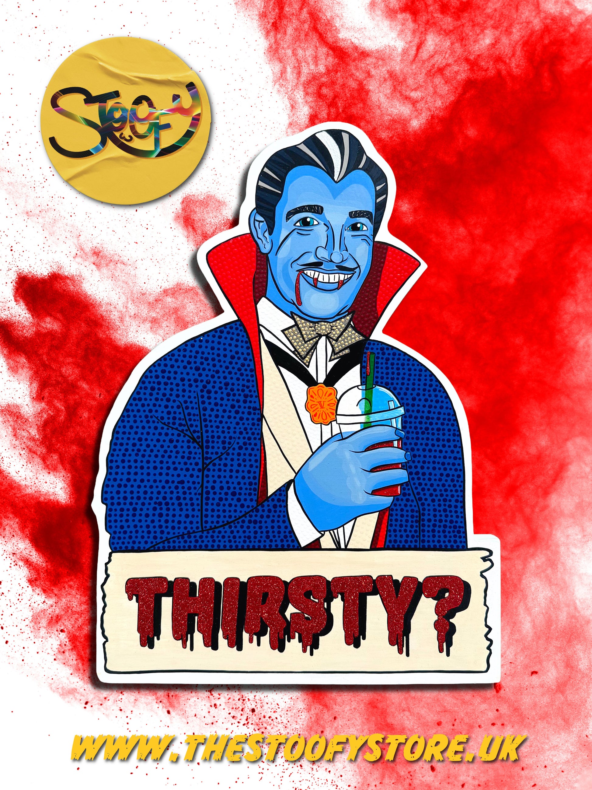 Hand-painted artwork “Thirsty?” by Stoofy — playful Dracula-inspired design with layered acrylic, glitter, and foil accents on wooden panel.