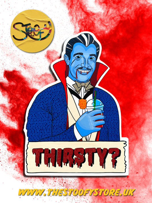 Hand-painted artwork “Thirsty?” by Stoofy — playful Dracula-inspired design with layered acrylic, glitter, and foil accents on wooden panel.