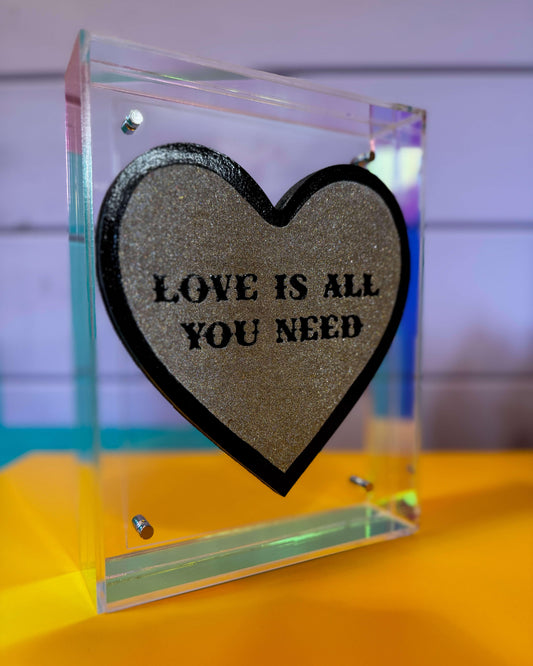 Love Is All You Need Beatles inspired hand-painted artwork with glitter in acrylic frame