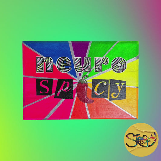 The Stoofy Store Neuro Spicy sign with pastel lettering and silver accents on a vibrant rainbow background, hand-painted with a glossy finish. Animated video.