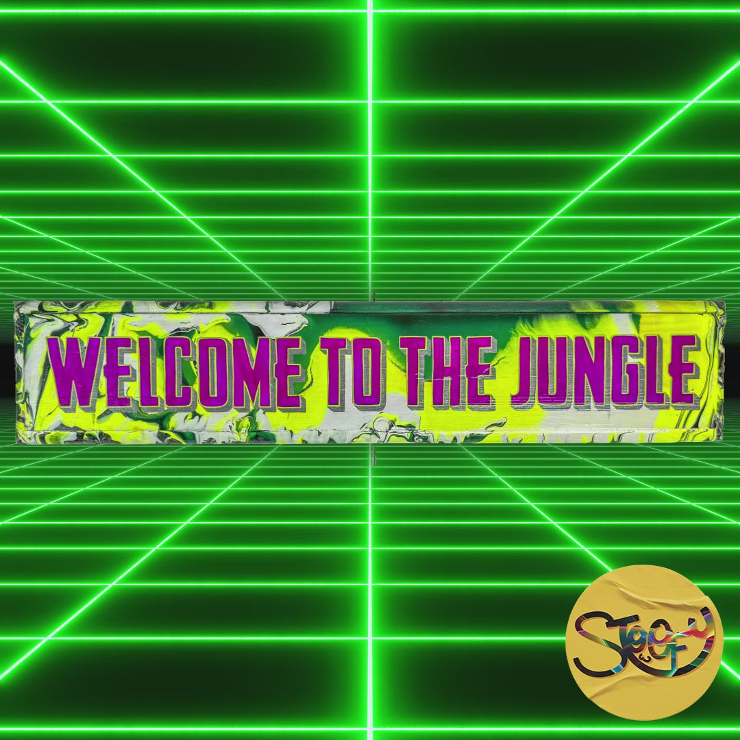 Hand-painted ‘Welcome to the Jungle’ sign with green background, animal print, and bold lettering, finished in gloss.