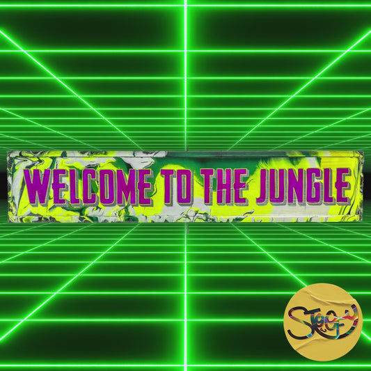 Hand-painted ‘Welcome to the Jungle’ sign with green background, animal print, and bold lettering, finished in gloss.