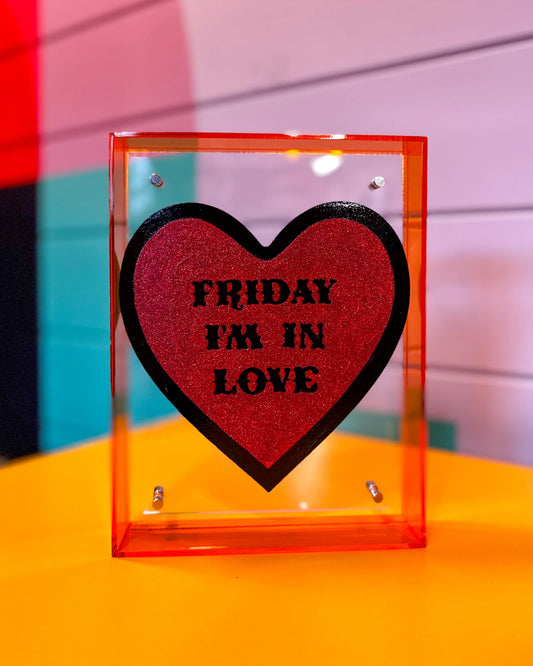 Friday I'm In Love The Cure inspired hand-painted artwork with glitter in acrylic frame by Stoofy
