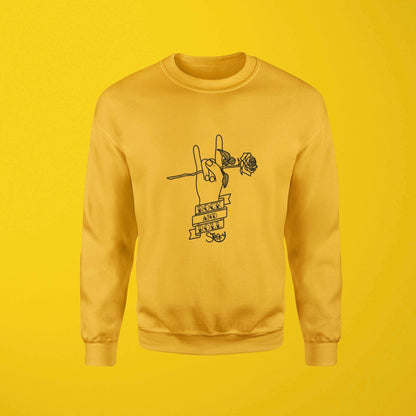 Main image of Stoofy's It’s Only R&R Baby! Unisex Sweatshirt in heavyweight cotton in gold. Design is high quality - embroidered in black - Rock and roll hand gesture holding a rose and wrapped in a ribbon banner stating Rock and Roll alongside Stoofy logo signature. Perfect for music lovers and rock and roll rebels. Design copyright of UK artist, Stoofy.