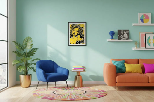 Mock up of Mean, Moody & Magnificent A3 Art Print in a frame in a colourful interior. This image has been generated by AI using Stoofy's design. Artwork is copyright of Stoofy.