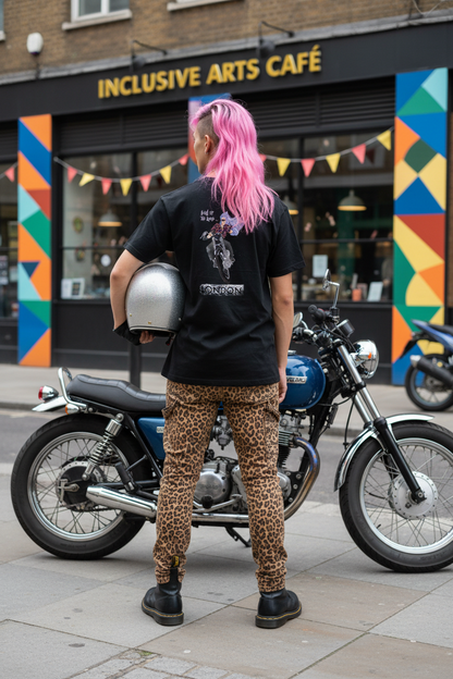 Stoofy - Burn Up the Road, black cotton unisex t-shirt. Mock up of styling suggestion. This image has been generated using AI to suggest style options. Illustration design and copyright belong to Stoofy, UK.