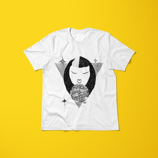Stoofy's white unisex t-shirt with a graphic print of a monochrome woman's face and a crystal ball, along with the text 'Make Your Own Future'. Design and copyright owned by Stoofy.