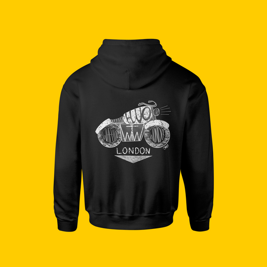 Stoofy's backshot o black unisex fit hoodie with a graphic print of a motorcycle and the text 'Two Wheeled Wonder- London' on the back. Design and copyright owned by Stoofy.