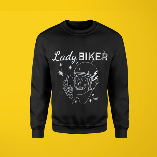 Stoofy's - Black sweatshirt with a graphic design of a skeleton wearing a motorbike helmet and lipstick, surrounded by stars, on a yellow background. Design and copyright owned by Stoofy.