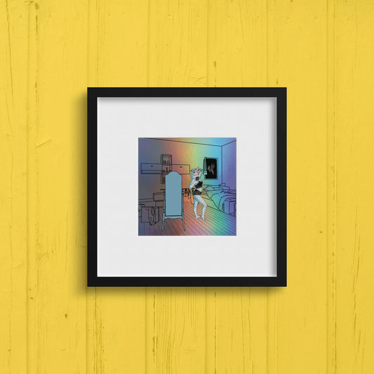 Mock up of Stoofy's holographic art print in a black frame depicting a whimsical illustration of a woman in her bedroom with a catfish motif. The print is hung against a yellow wooden background. A humorous look at modern, dating and unrealistic expectation on both sides. Design and copyright owned by Stoofy.