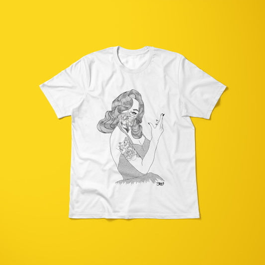 Main view of Stoofy's "Still Fabulous" white unisex t-shirt with a graphic print of a glamorous 1950s pin-up inspired woman wearing a face mask, centre chest area. Design and copyright owned by artist, Stoofy.