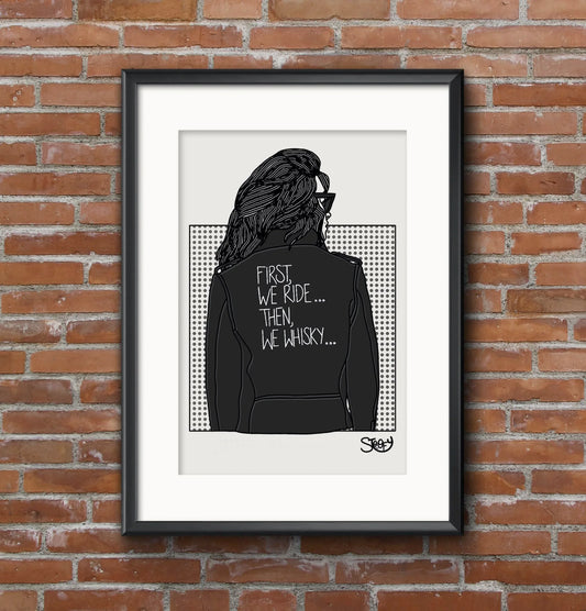 Main mock up shot of Stoofy's First We Ride... Then We Whisky A3 Art Print - Art print comes unframed. Perfect accessible art for bikers, motorcycle enthusiasts and whisky lovers. Designs copyright of Stoofy