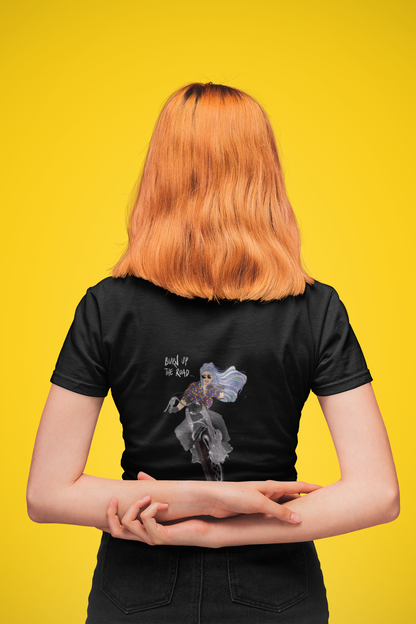 Mock up of a red headed female wearing Stoofy's Burn Up The Road - London unisex black heavyweight cotton tshirt. Design is positioned on back of the tshirt. Sizes S-XXL. Designed is created and owned by Stoofy.Apparel perfect for bikers, lady bikers, motorbike motorcycle enthusiasts and empowered women.